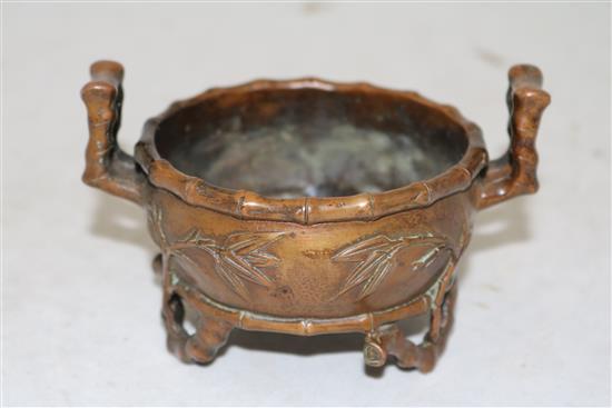 A Chinese bronze bamboo-form censer, width 22.5cm